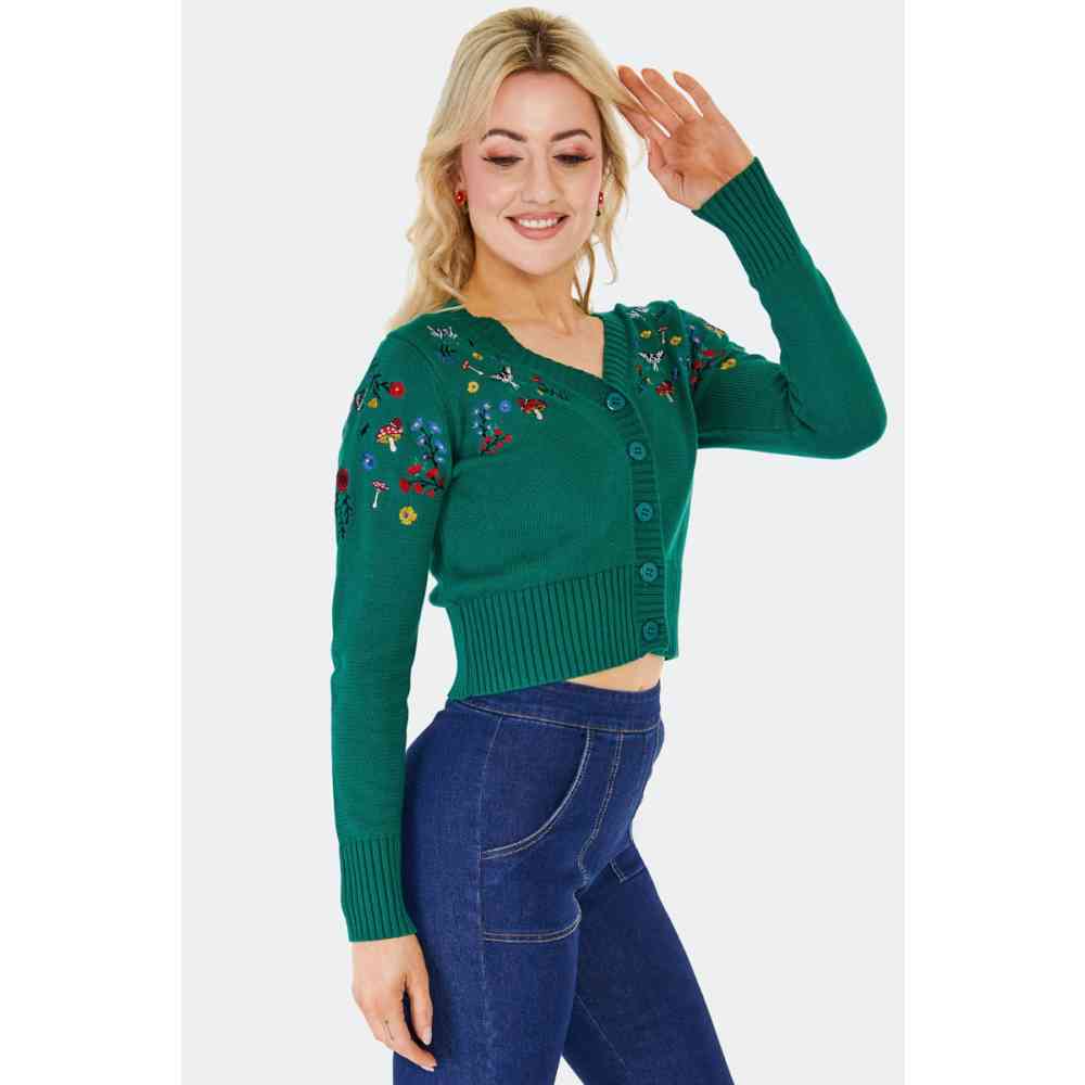 Voodoo Vixen - Woodland Embroidery Crop Cardigan - Groen
